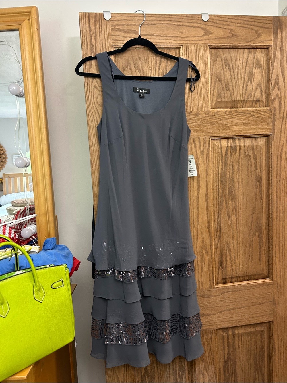 S.L. Fashions Slate Gray Tiered Sleeveless Midi Dress